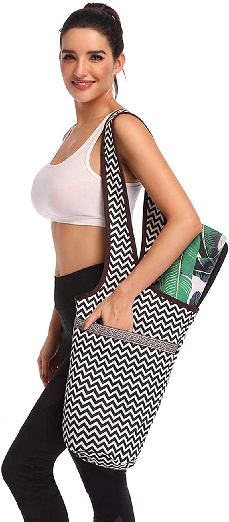 Yoga Mat Bag, Long Tote with Zipper Pockets - Strip Pattern Yoga Bag Tote Sling Carrier Holds More Yoga Accessories Fits Most Size Mats for Women Men