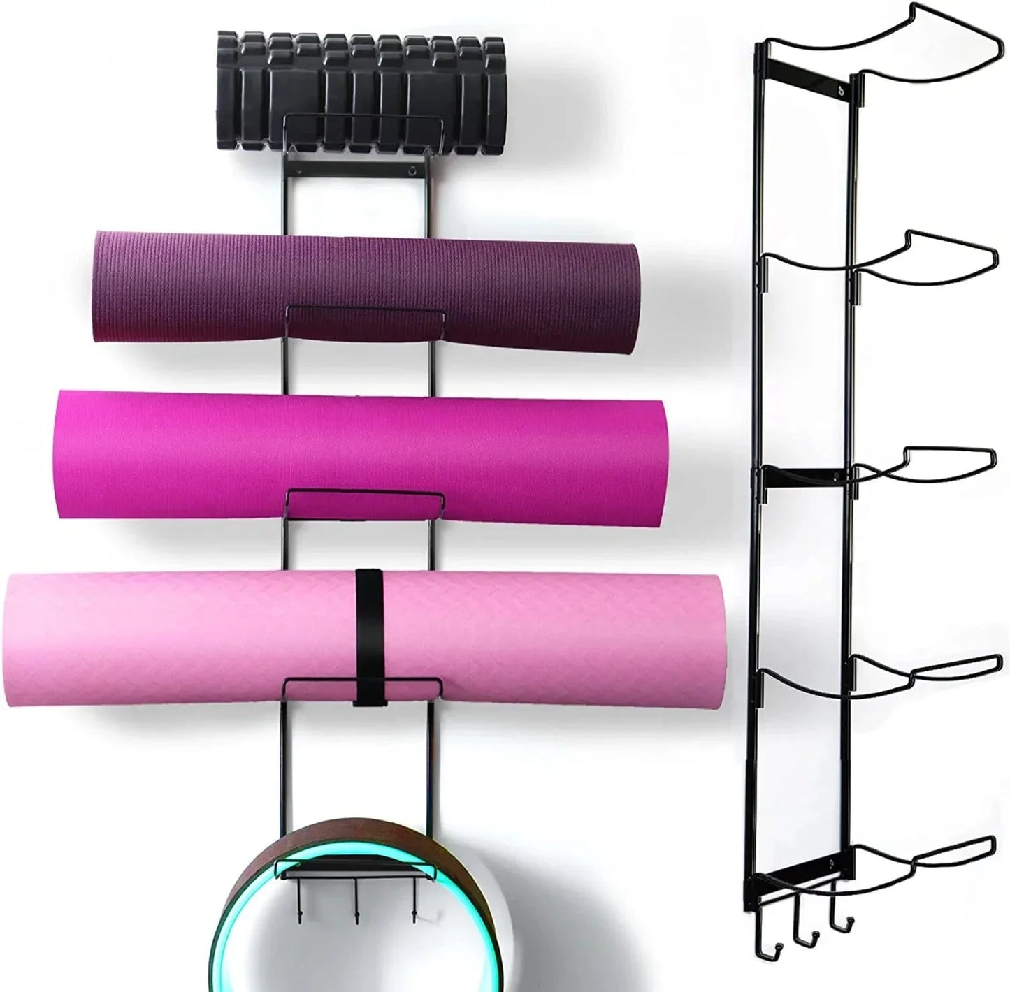 5-Tiers Yoga Mat Holder Wall Mount, Metal Storage Rack for Yoga Mat/Wheels, Foam Roller and Block Etcs, Wall Rack Organizer with 3-Hooks for Hanging Stretching Strap & Resistance Bands, Yoga Room/Home Gym Decor
