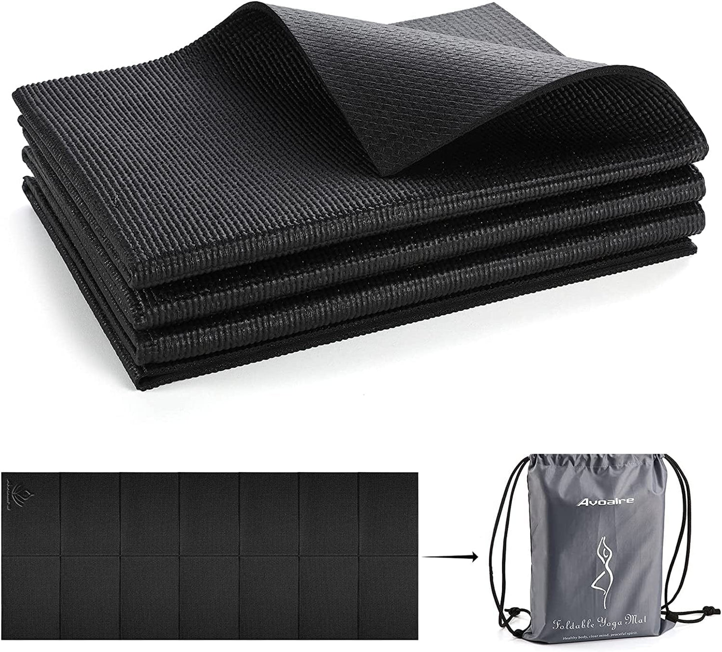 Avoalre Travel Yoga Mat 1/4Inch Thick Foldable Non Slip Exercise Mat Portable Eco Friendly Anti-Tear Fitnessmat with Carry Bag for Outdoor Yoga, Pilates Gym and Floor Workouts