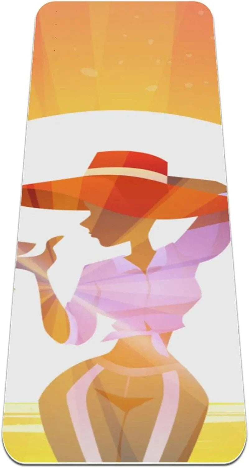 WXVOVXW Yoga Mat 72 X 24 Girl with Red Hat Drink Champagne Posing Ocean Eco Friendly Non Slip Fitness Exercise Mat for Pilates and Floor Exercises