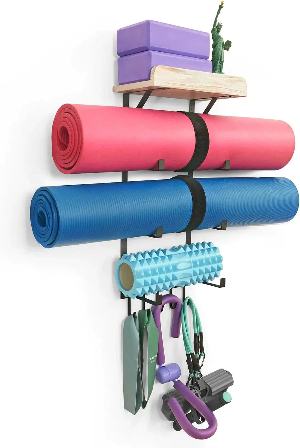 Yoga Mat Holder Wall Mount, Honizer Yoga Mat Storage with Wood Shelf, Yoga Mat Rack with 5 Hooks, Yoga Mat Organizer for Home Gym Storage