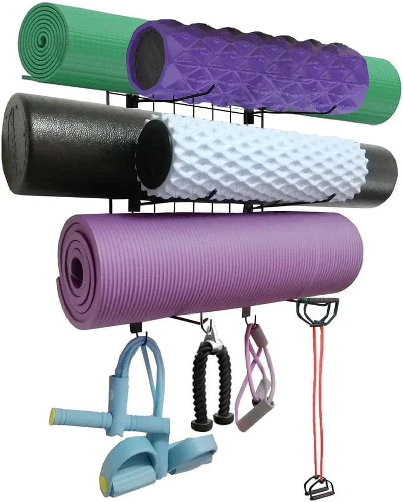 Yoga Mat Holder Wall Mount Yoga Mat Rack Foam Rollers Holder, Adjustment Spacing Exercise Equipmen with 3 Hooks for Hanging Yoga Strap Resistance Bands Ropes