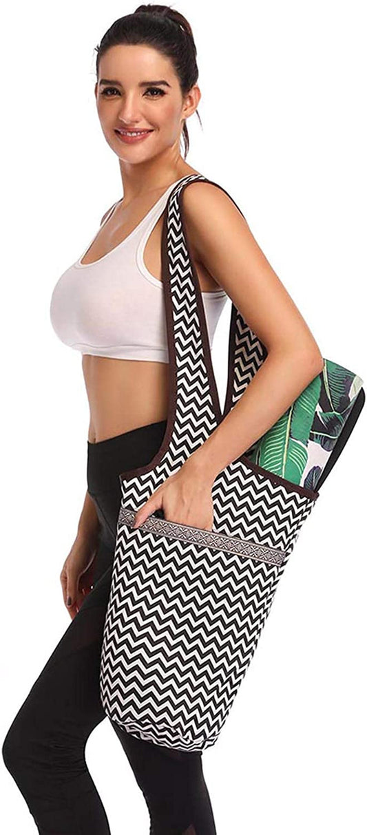 Yoga Mat Bag, Long Tote with Zipper Pockets - Strip Pattern Yoga Bag Tote Sling Carrier Holds More Yoga Accessories Fits Most Size Mats for Women Men