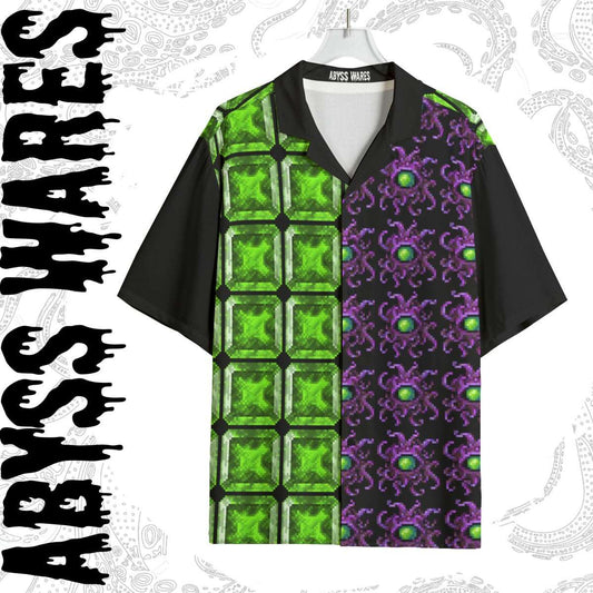 8bit Monster Gem Bowling Shirt Soft Rayon | Acid Green Gems and Purple Tentacle Beasts