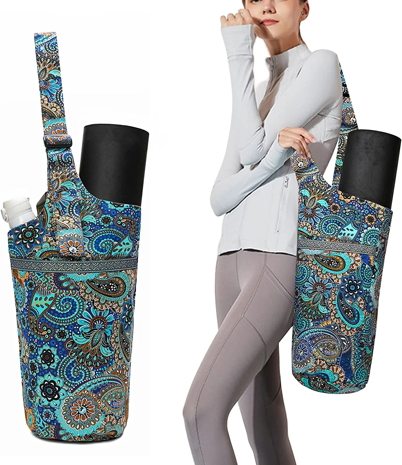 Qlckyed Yoga Mat Bag Adjustable Shoulder Strap with Large Size Pocket and Zipper Pocket,Yoga Mat Carrier with Fixed Buckle Fits Most Size Mats
