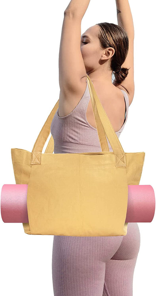 SMFANLIN Yoga Pilates Mat Bag, Basic Canvas Yoga Tote Carrier Shoulder Bag Carryall Tote for Office Yoga Pilates Travel Beach and Gym (Apricot)