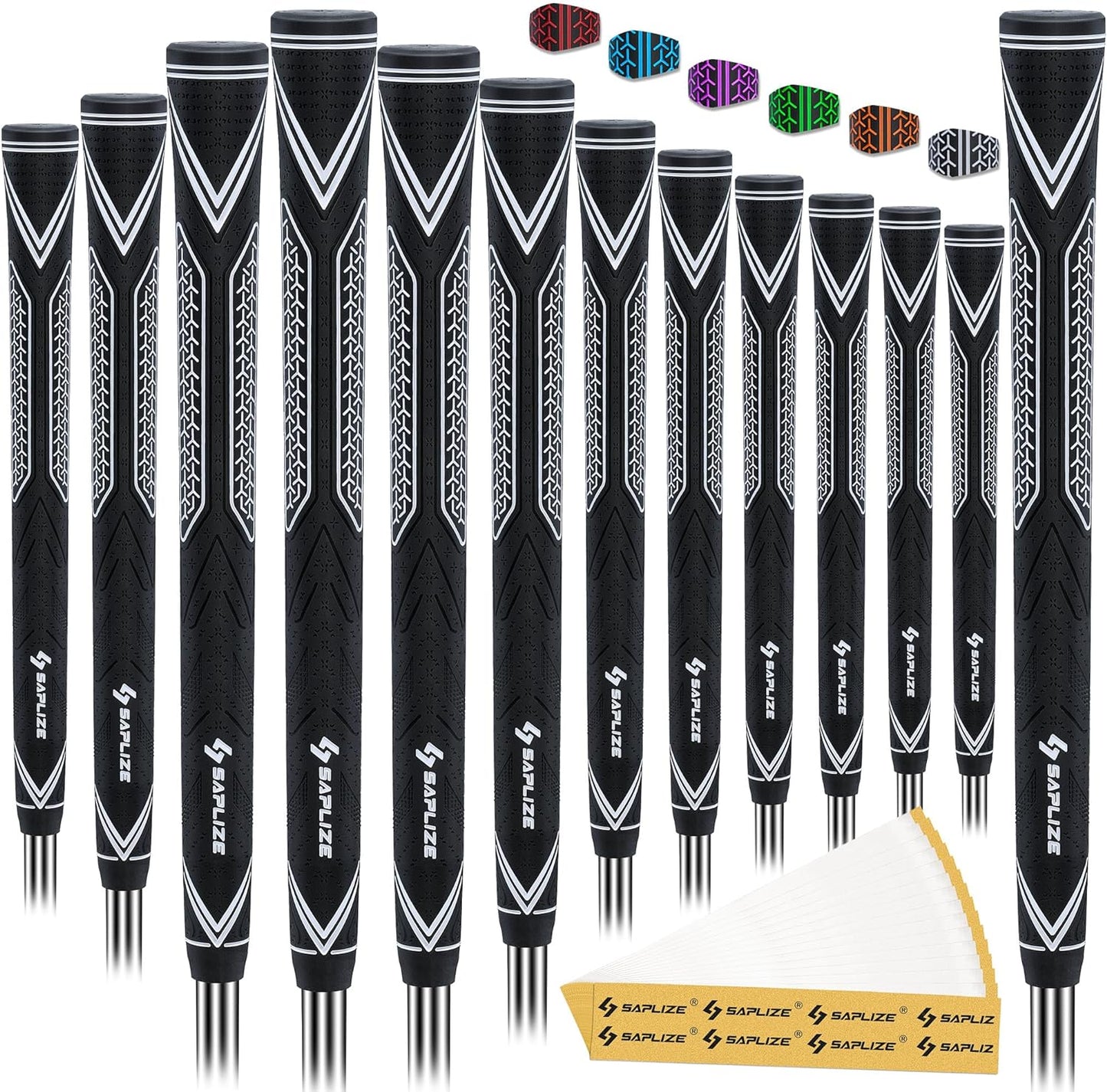 SAPLIZE High-Performance Rubber Golf Grips 13 Pack, High Shock Absorption, Non-Slip, Choose from 13 Grips with 15 Tapes or 13 Grips with All Kits, Available in Standard/Mid/Jumbo Sizes, CC10 Series