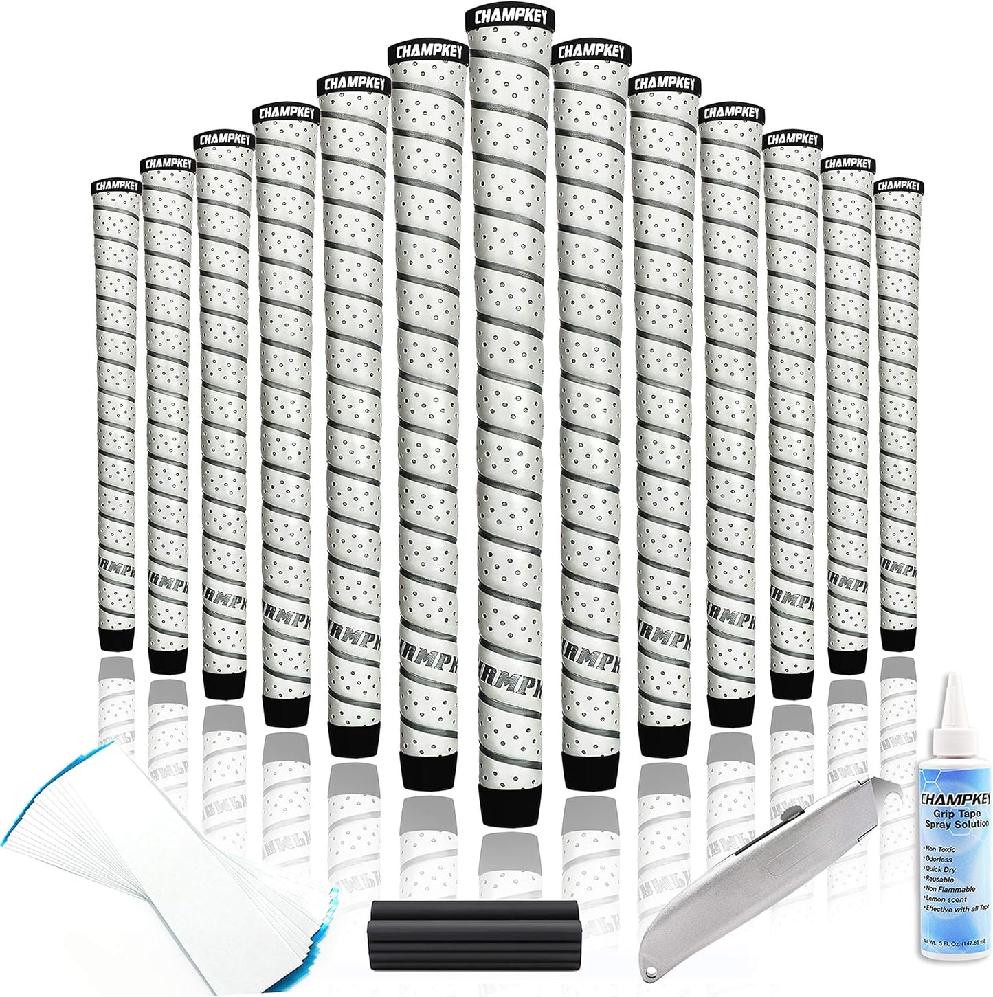 Champkey Polyurethane Golf Grips 13 Pack | Come with 5 Oz Solvent,Hook Blade,15 Tapes & Vise Clamp | All Weather Performance Golf Club Grips