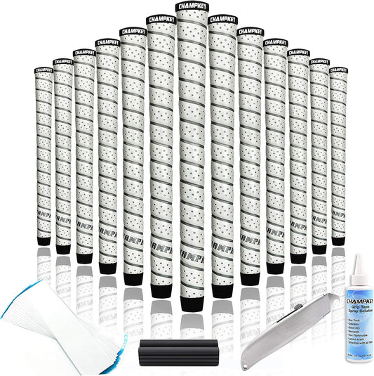 Champkey Polyurethane Golf Grips 13 Pack | Come with 5 Oz Solvent,Hook Blade,15 Tapes & Vise Clamp | All Weather Performance Golf Club Grips