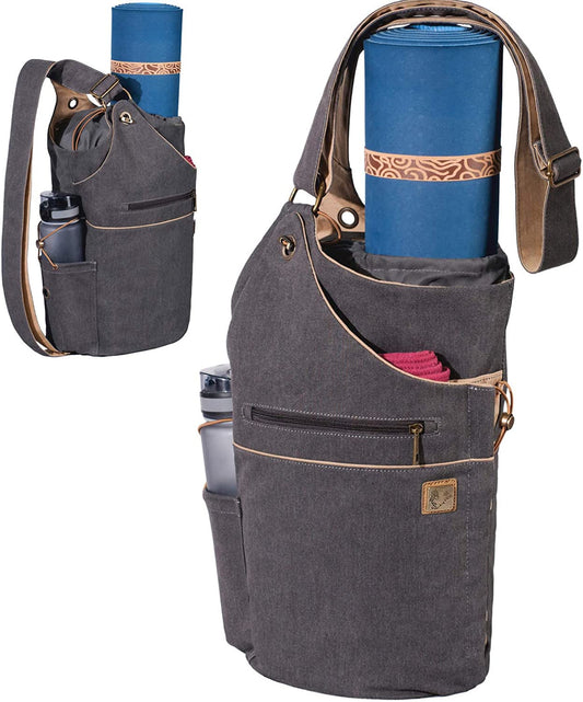 WRASCO Yoga Mat Bag Canvas Casual Yoga Backpack Convertible Yoga Mat Tote Sling Carrier - Fits Most Mat Sizes - Yoga Bags and Carriers for Women & Men - Gift 2 Elastic Straps