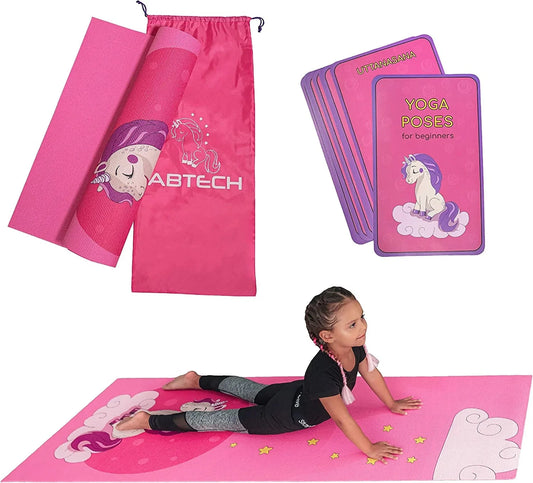 ABTECH Kids Yoga Mat Set - Fun Unicorn Yoga Mat for Girls - Comfortable - Chemical Free - Non-Toxic - Non-Slip - 60 X 24 X 0.2 Inches - W/ 12 Yoga Cards for Kids - Cute Carrier Bag - Pink - Ages 3-12