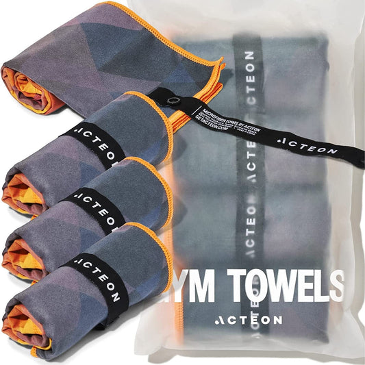 Acteon Quick Dry Microfiber Towel, Silver ION (4-Pack) Odor-Free Gym Workout Towels, Multipurpose Super Absorbent Fast Drying Fiber, Packable Travel Gear for Body Sweat, Sports, Swim, Camping, Beach
