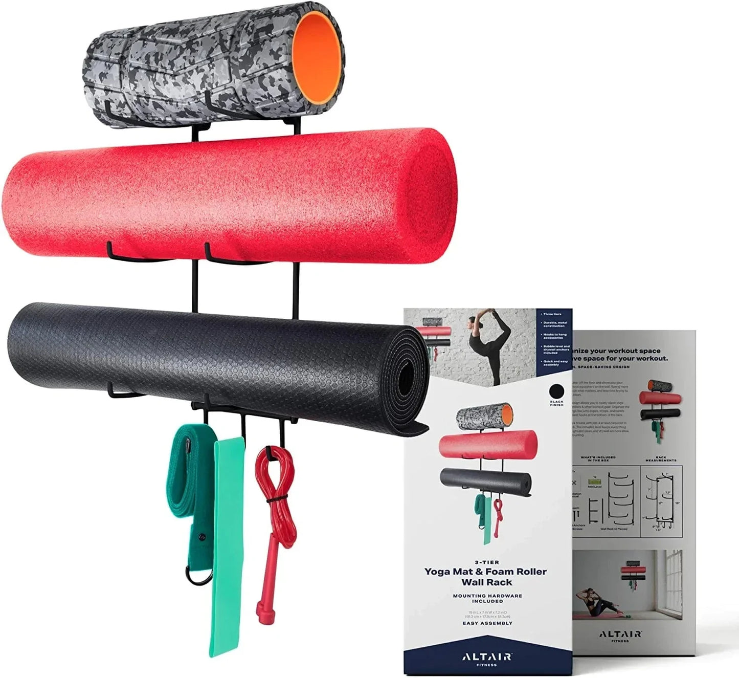 Altair Fitness Yoga Mat Storage Wall Mount Rack, Foam Roller and Towel Rack with 3 Hooks for Hanging Yoga Straps and Resistance Bands at Home Gym and Studio, 3-Tiered Metal Design