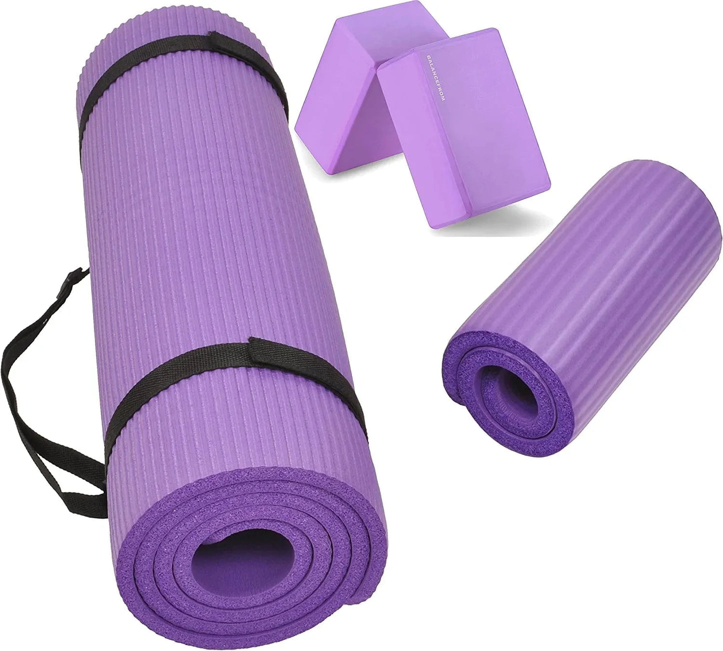 Balancefrom All Purpose 1/2-Inch Extra Thick High Density Anti-Tear Exercise Yoga Mat and Knee Pad with Carrying Strap and Yoga Blocks