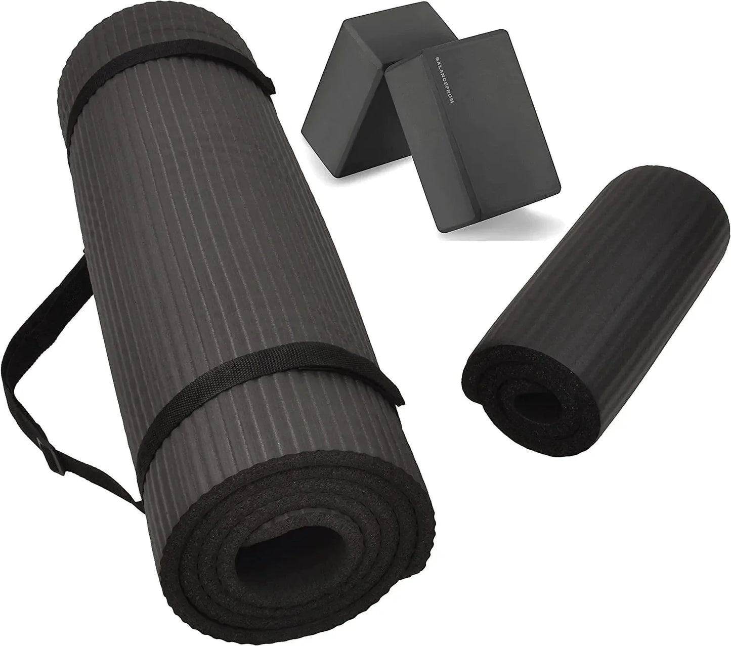 Balancefrom All Purpose 1/2-Inch Extra Thick High Density Anti-Tear Exercise Yoga Mat and Knee Pad with Carrying Strap and Yoga Blocks