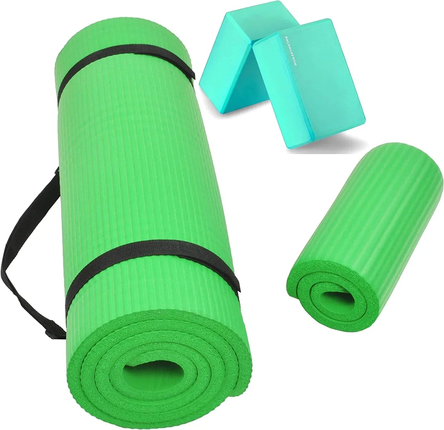 Balancefrom All Purpose 1/2-Inch Extra Thick High Density Anti-Tear Exercise Yoga Mat and Knee Pad with Carrying Strap and Yoga Blocks