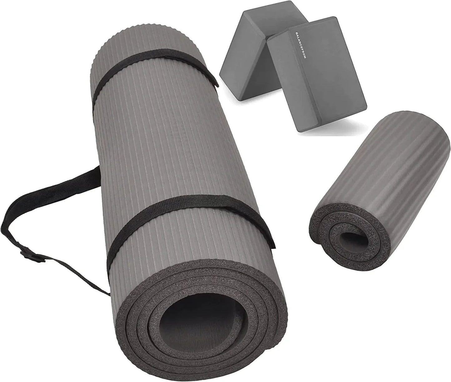 Balancefrom All Purpose 1/2-Inch Extra Thick High Density Anti-Tear Exercise Yoga Mat and Knee Pad with Carrying Strap and Yoga Blocks