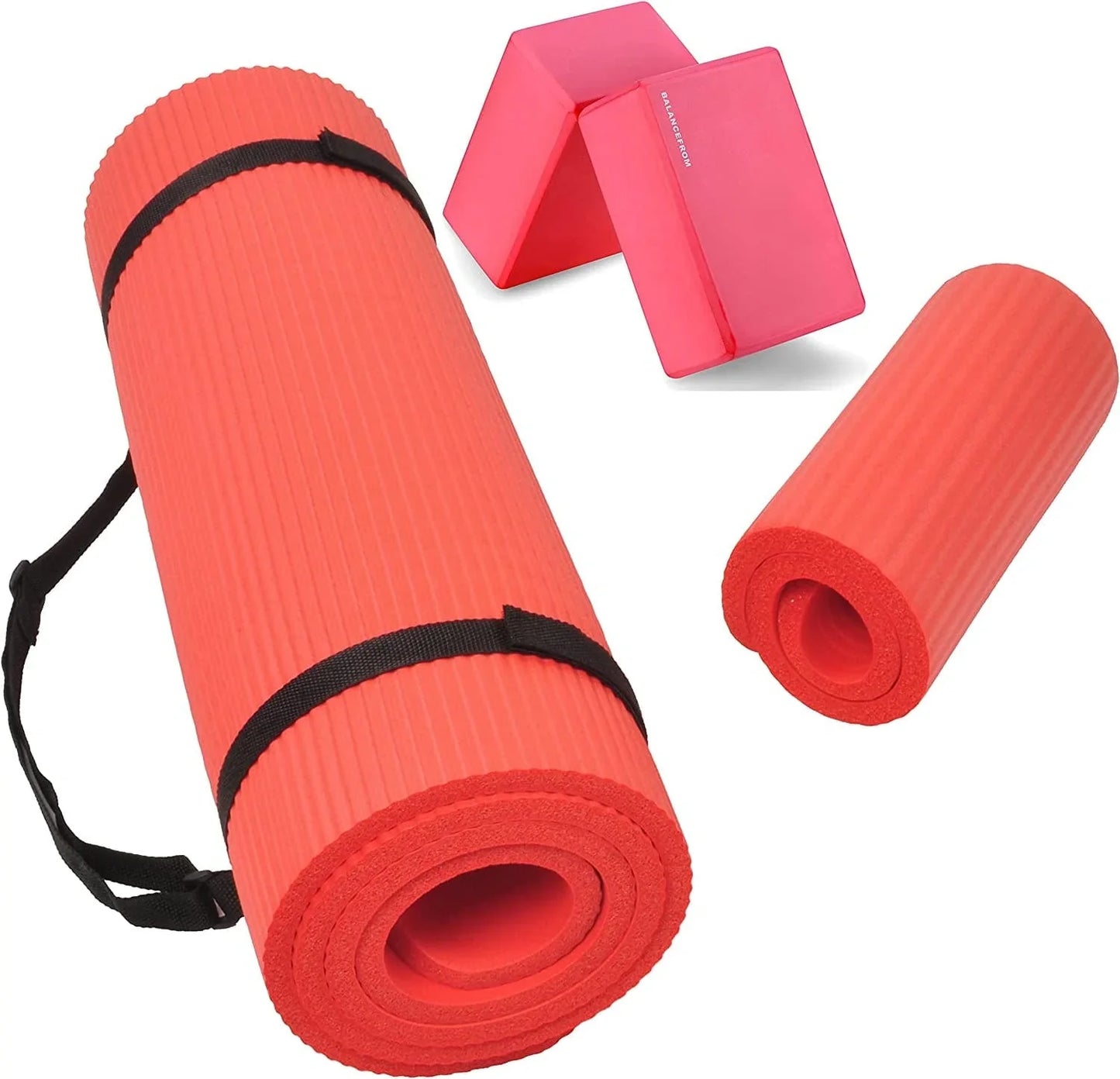 Balancefrom All Purpose 1/2-Inch Extra Thick High Density Anti-Tear Exercise Yoga Mat and Knee Pad with Carrying Strap and Yoga Blocks