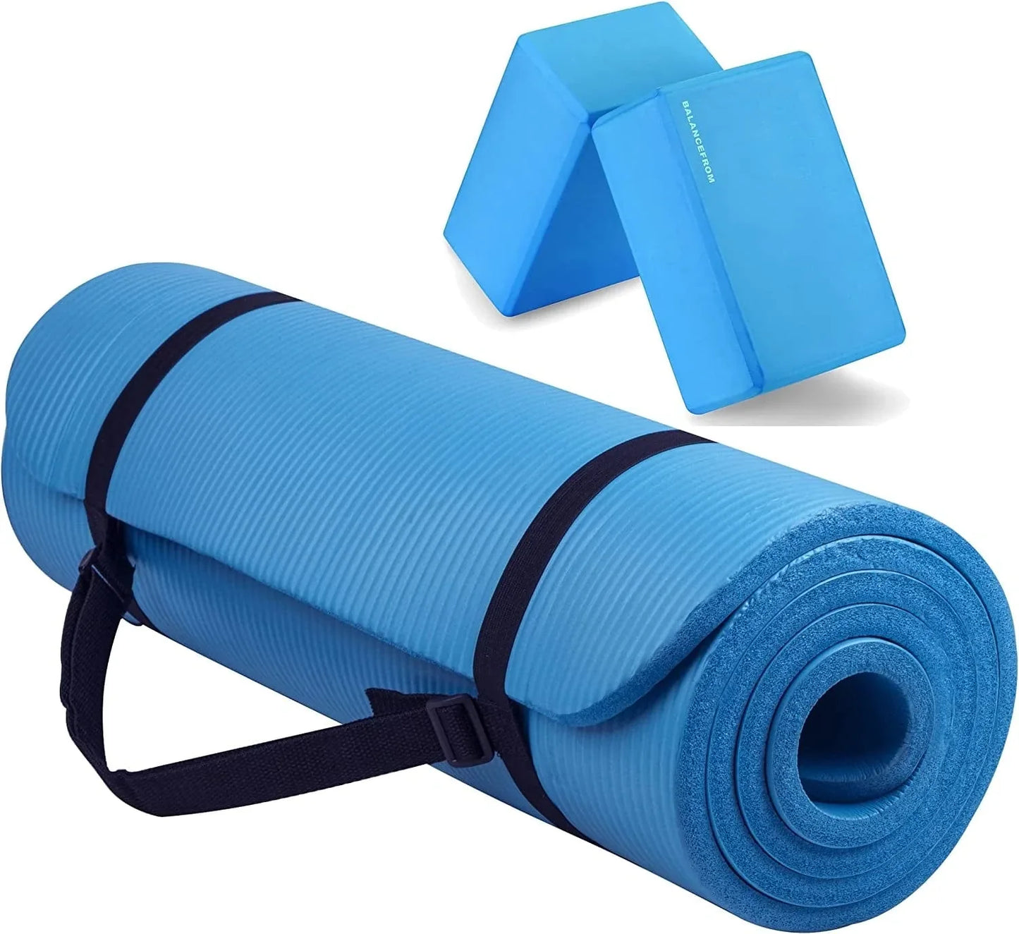 Balancefrom All Purpose 1/2-Inch Extra Thick High Density Anti-Tear Exercise Yoga Mat with Carrying Strap and Yoga Blocks