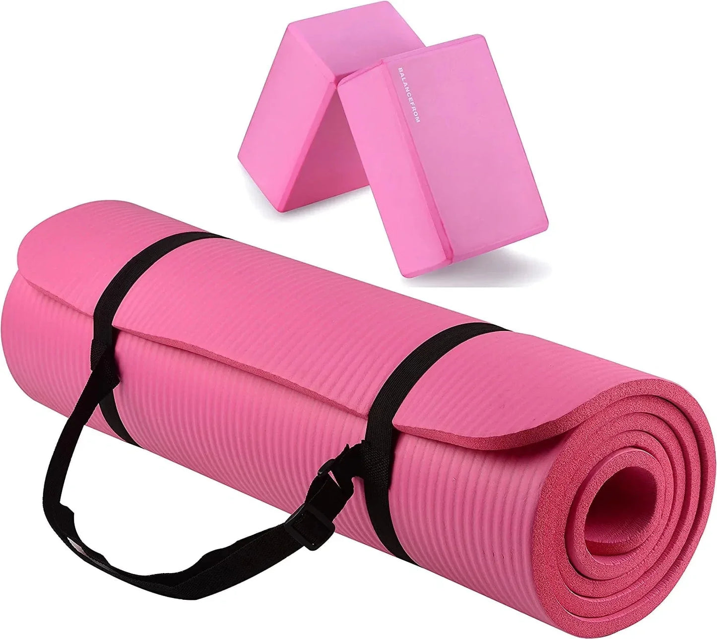 Balancefrom All Purpose 1/2-Inch Extra Thick High Density Anti-Tear Exercise Yoga Mat with Carrying Strap and Yoga Blocks