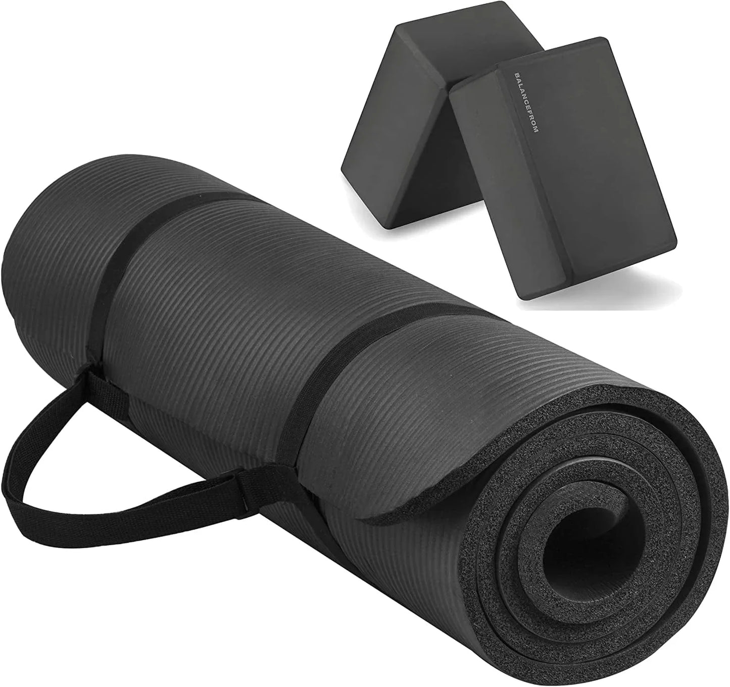 Balancefrom All Purpose 1/2-Inch Extra Thick High Density Anti-Tear Exercise Yoga Mat with Carrying Strap and Yoga Blocks