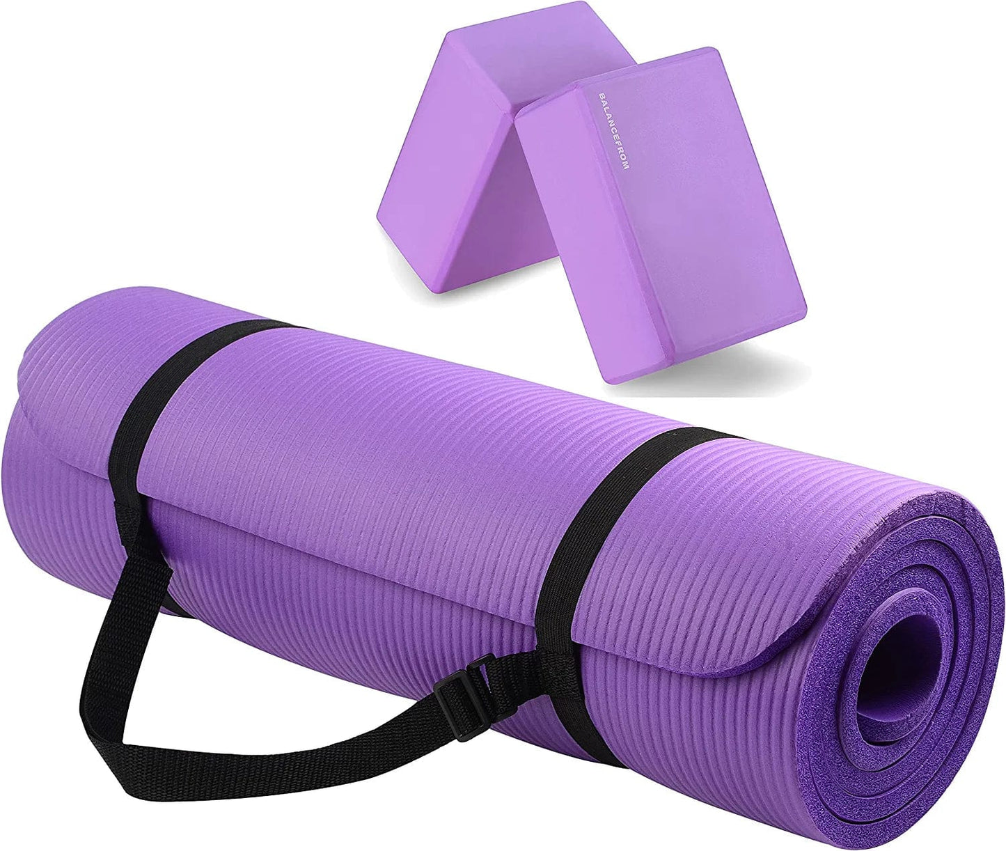 Balancefrom All Purpose 1/2-Inch Extra Thick High Density Anti-Tear Exercise Yoga Mat with Carrying Strap and Yoga Blocks