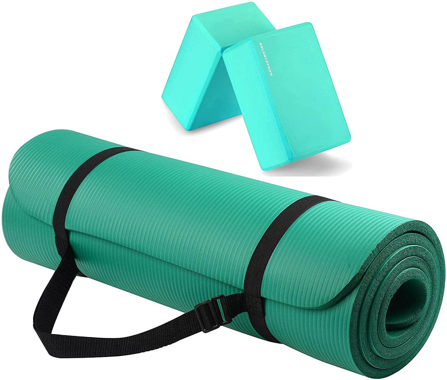 Balancefrom All Purpose 1/2-Inch Extra Thick High Density Anti-Tear Exercise Yoga Mat with Carrying Strap and Yoga Blocks