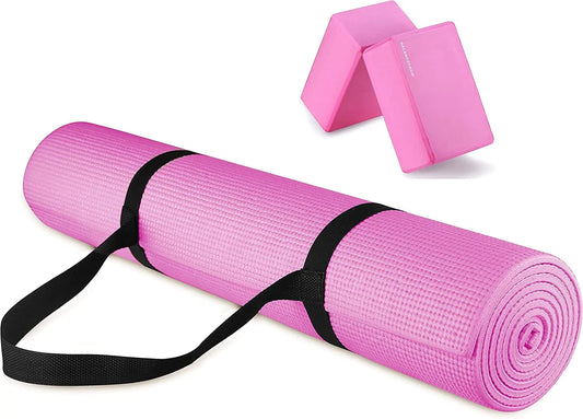 Balancefrom All Purpose 1/4-Inch High Density Anti-Tear Exercise Yoga Mat with Carrying Strap and Yoga Blocks