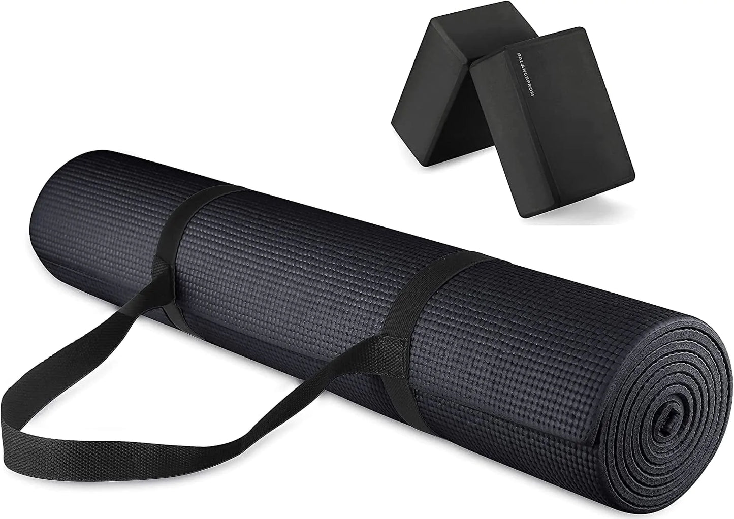 Balancefrom All Purpose 1/4-Inch High Density Anti-Tear Exercise Yoga Mat with Carrying Strap and Yoga Blocks