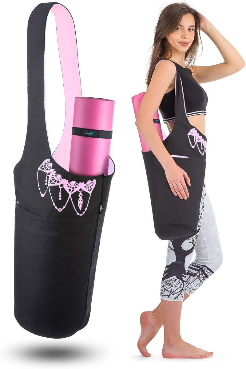 Zenifit Yoga Mat Bag - Long Tote with Pockets - Holds More Yoga Accessories. Cute Yoga Mat Holder with Bonus Yoga Mat Strap Elastics. Stylish and Practical Yoga Mat Bags and Carriers for Women