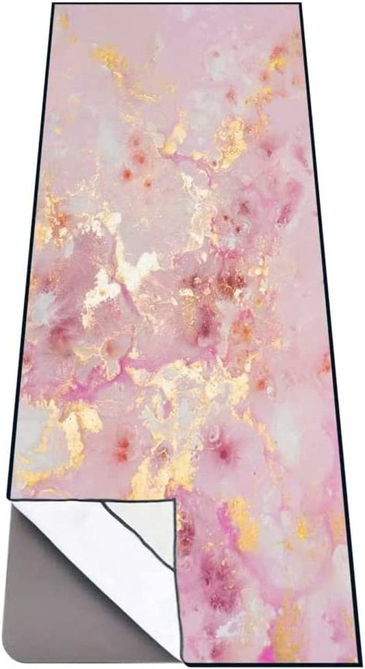 Colorful Star Rose Gold Non Slip Yoga Towel with Corner Pockets for Yoga Mat - Cute Sweat Absorbent Microfiber Long Yoga Mat Towel for Hot Yoga, Pilates & Fitness with Bag 70" X 26" Pink Gold Marble