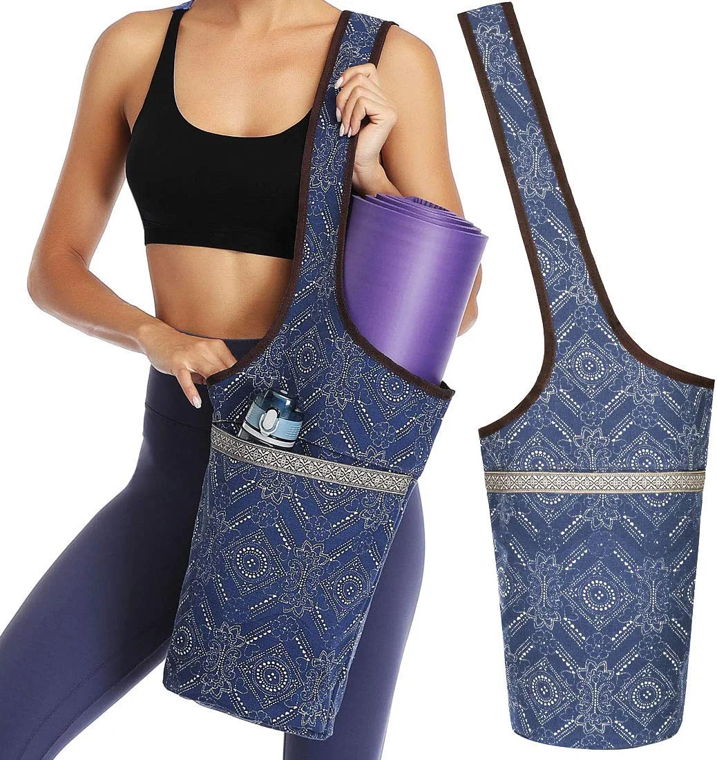Soogus Yoga Mat Bag, Yoga Carrying Bag for Mat and Blocks Patterned Canvas Large Sling Yoga Tote Bag Pilates Bag with Zipper Pocket, Fits Most Size Mats