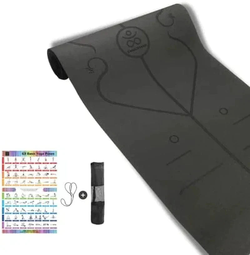 TPE Yoga Mat with Body Alignment Lines | Yoga Mat with Mesh Storage Bag, Carrier Sling and Yoga Poster
