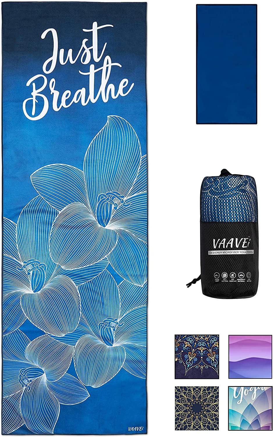 Vaavei Non Slip Yoga Towel, Hand Towel, Bag Set; Corner Pockets, Yoga Mat Sized, Perfect for Yoga, Hot Yoga, Bikram Yoga, Quality Microfiber, Lightweight and Compact, 5 Designs, 2 Sizes