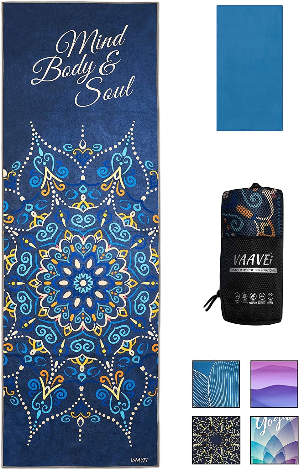 Vaavei Non Slip Yoga Towel, Hand Towel, Bag Set; Corner Pockets, Yoga Mat Sized, Perfect for Yoga, Hot Yoga, Bikram Yoga, Quality Microfiber, Lightweight and Compact, 5 Designs, 2 Sizes