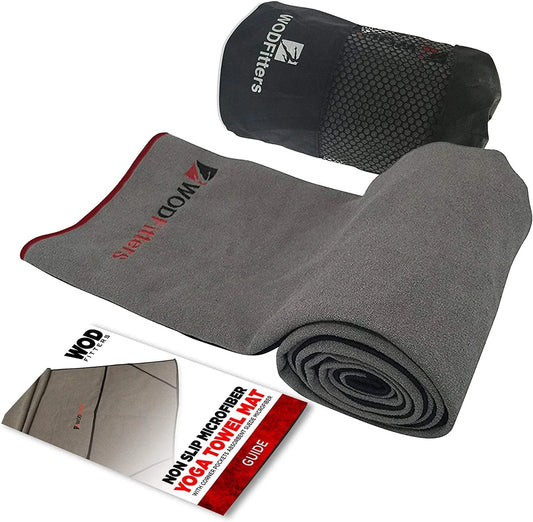 Wodfitters Non Slip Microfiber Recovery Towel Mat with Corner Pockets Absorbent Suede Microfiber - Ideal for Recovery, Warm up and Yoga (Grey with Red)