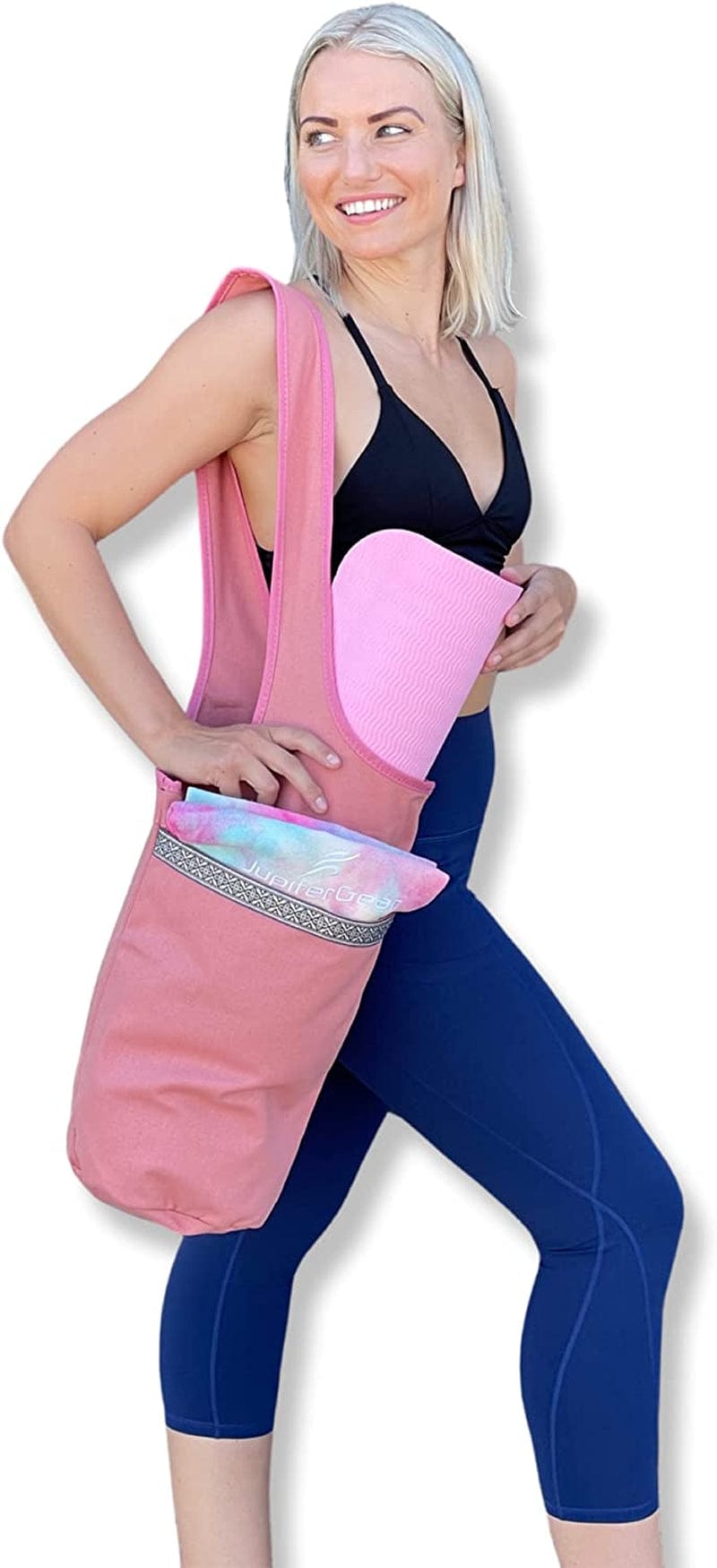 Yoga Mat Carrying Tote Bag with Large Pockets, a Zipper Pocket, with Space to Fit Most Size Mats