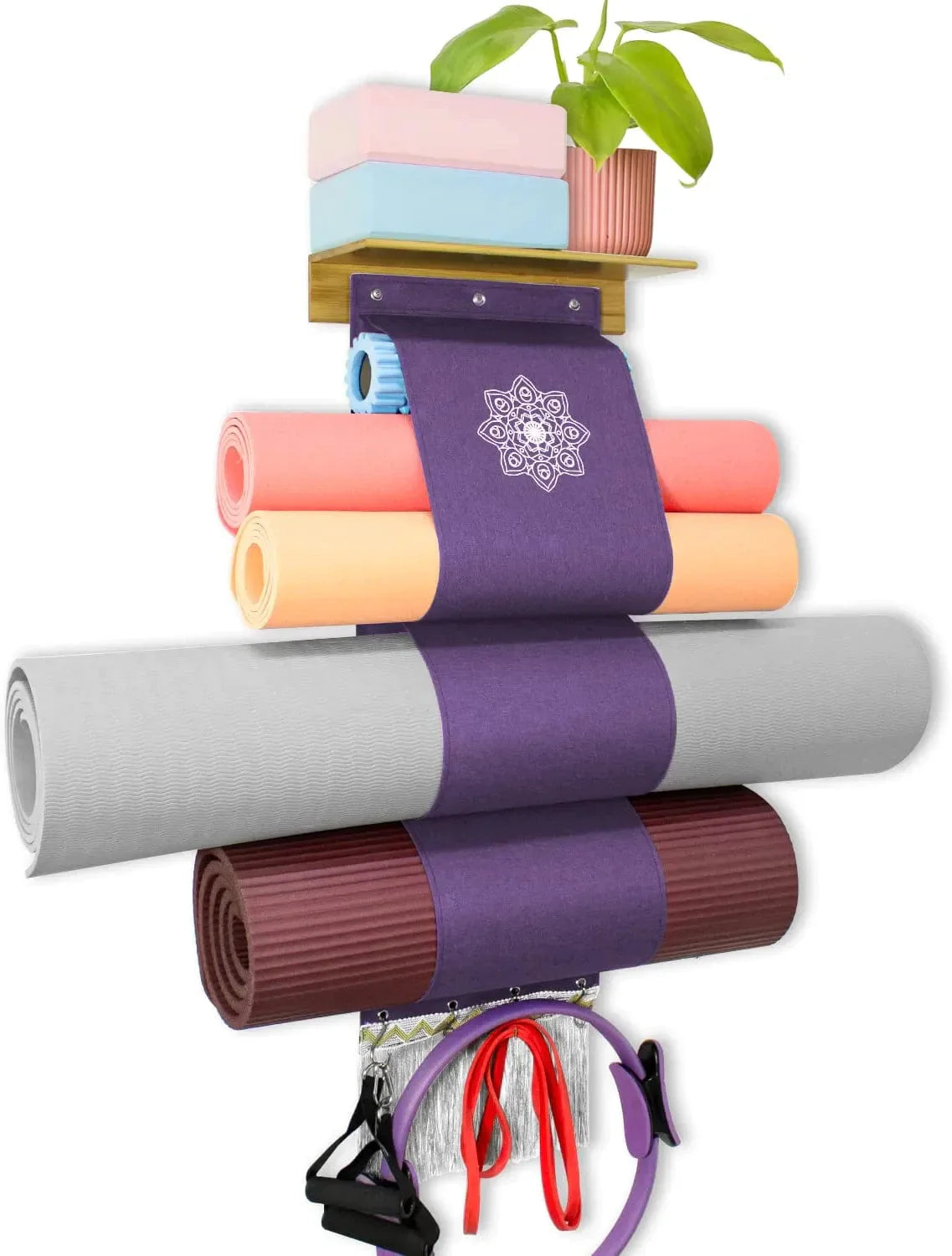 Yoga Mat Holder Wall Mount, Aconfei Yoga Mat Storage Rack, Yoga Mat Organizer with 3 Sizes Pockets and 4 Stainless Hooks, Yoga Mat Holder for Yoga Mat, Foam Roller and Resistance Band