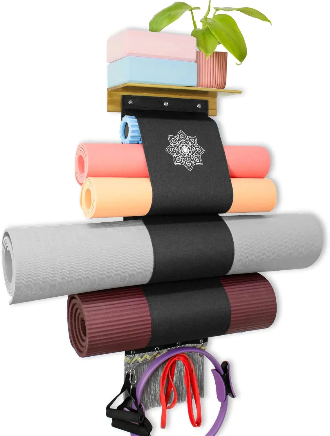 Yoga Mat Holder Wall Mount, Aconfei Yoga Mat Storage Rack, Yoga Mat Organizer with 3 Sizes Pockets and 4 Stainless Hooks, Yoga Mat Holder for Yoga Mat, Foam Roller and Resistance Band