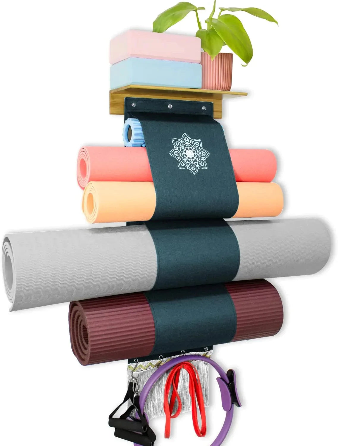 Yoga Mat Holder Wall Mount, Aconfei Yoga Mat Storage Rack, Yoga Mat Organizer with 3 Sizes Pockets and 4 Stainless Hooks, Yoga Mat Holder for Yoga Mat, Foam Roller and Resistance Band