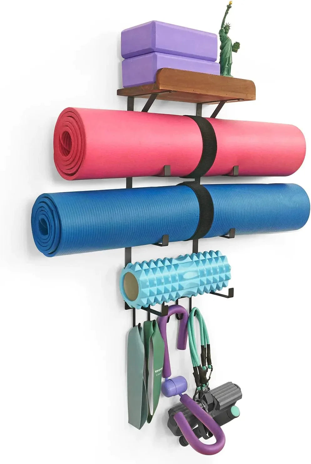 Yoga Mat Holder Wall Mount, Honizer Yoga Mat Storage with Wood Shelf, Yoga Mat Rack with 5 Hooks, Yoga Mat Organizer for Home Gym Storage