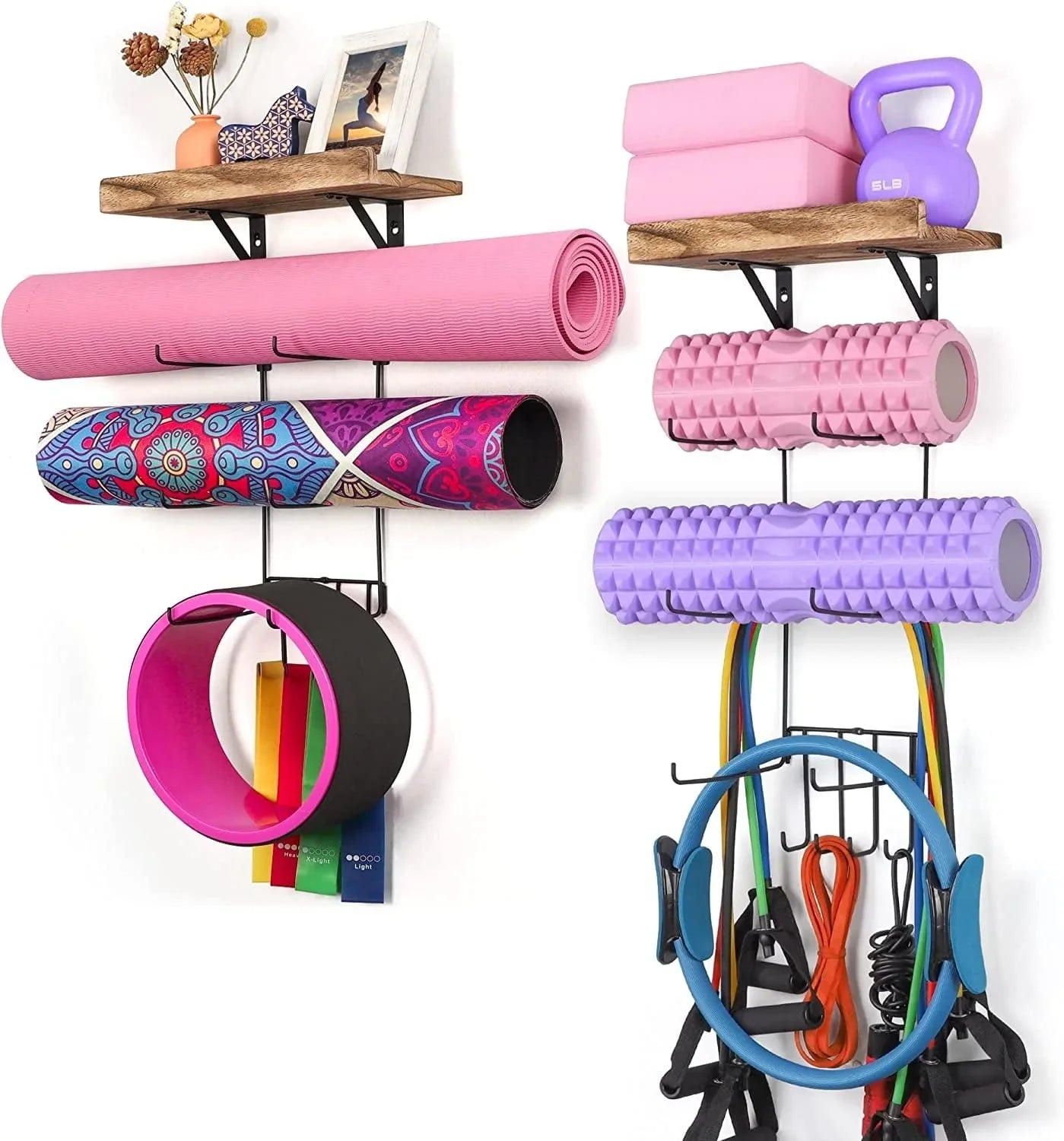 Yoga Mat Holder Wall Mount Yoga Mat Storage Home Gym Accessories with Wood Floating Shelves and 4 Hooks for Hanging Foam Roller and Resistance Bands at Fitness Class or Home Gym