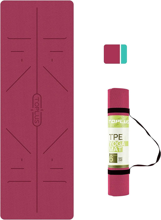 Yoga Mat Non Slip Exercise & Pilates Mat, Yoga Fitness Mat with Asana Line, TPE Gymnastics Mat with Carry Handle Strap