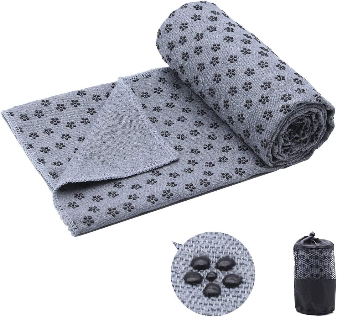 Yoga Towel,Hot Yoga Mat Towel - Sweat Absorbent Non-Slip for Hot Yoga, Pilates and Workout 24" X72(Grip Dots,Blue)