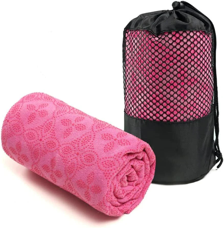 Yoga Towel, Hot Yoga Mat Towel - Sweat Absorbing Non-Slip for Hot Yoga, Pilates and Workout with Upgraded Clover-Shaped Grip Dots (72*24 Inches, Pink)