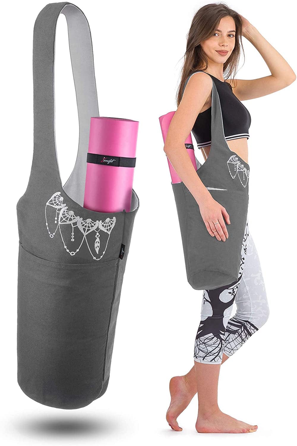 Zenifit Yoga Mat Bag - Long Tote with Pockets - Holds More Yoga Accessories. Cute Yoga Mat Holder with Bonus Yoga Mat Strap Elastics. Stylish and Practical Yoga Mat Bags and Carriers for Women