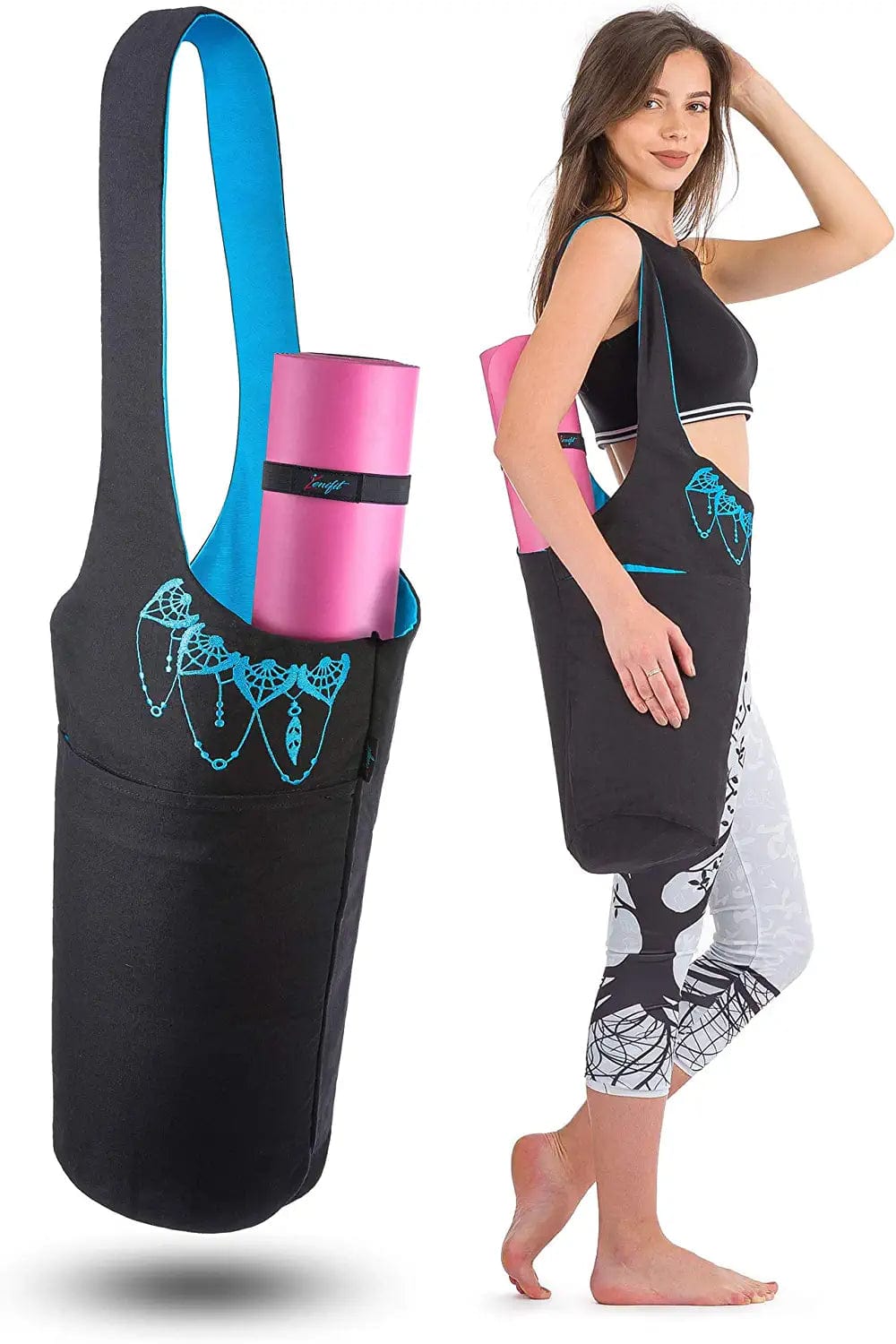 Zenifit Yoga Mat Bag - Long Tote with Pockets - Holds More Yoga Accessories. Cute Yoga Mat Holder with Bonus Yoga Mat Strap Elastics. Stylish and Practical Yoga Mat Bags and Carriers for Women